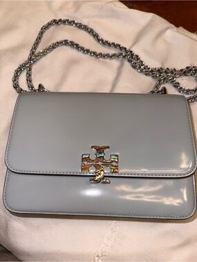 Tory Burch Light Blue Patent Leather Crossbody with Gold Logo